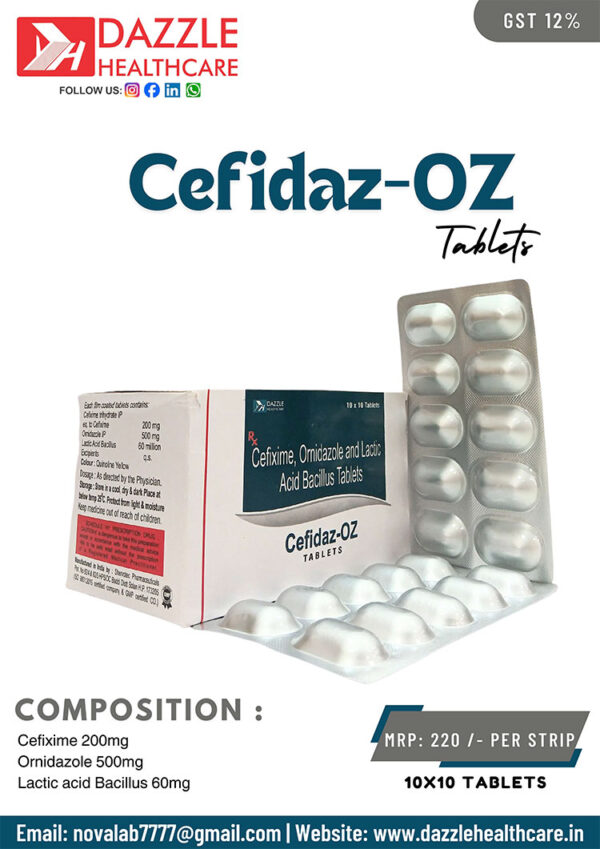 Cefixime 200 mg, Ornidazole 500 mg, and Lactic acid Bacillus 60 mg Tablet